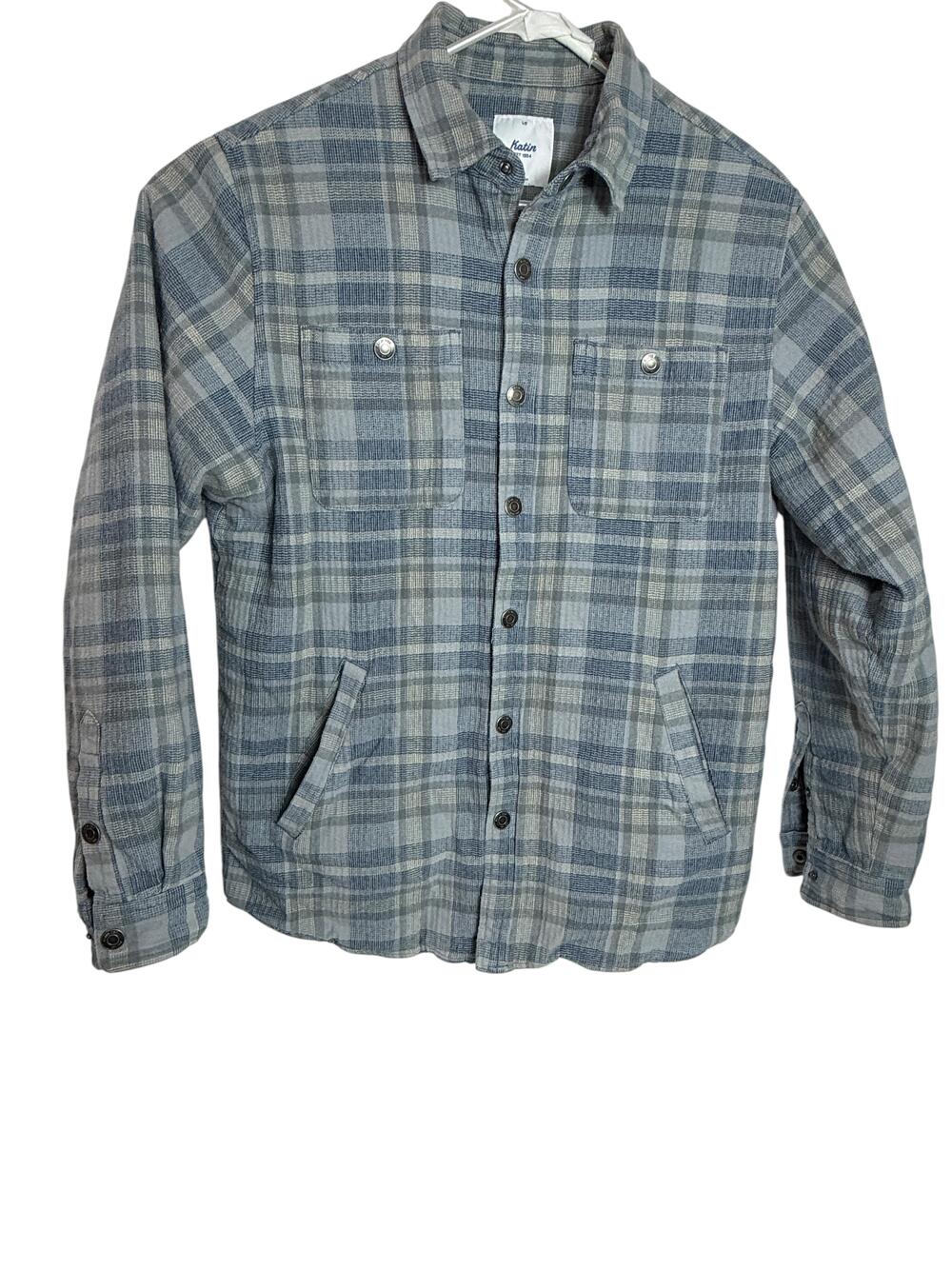 Katin Shirt Jacket Mens Large Blue Plaid Sherpa Lined Flannel Snap Front Outdoor